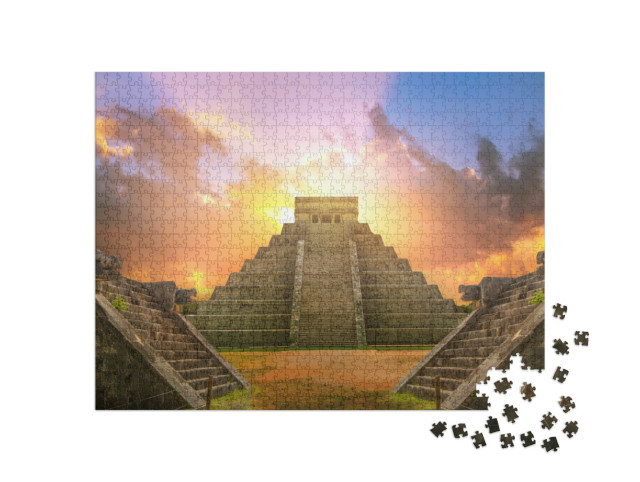 Puzzel 1000 stukjes „Maya piramide El Castillo van Kukulcan bij zonsondergang“