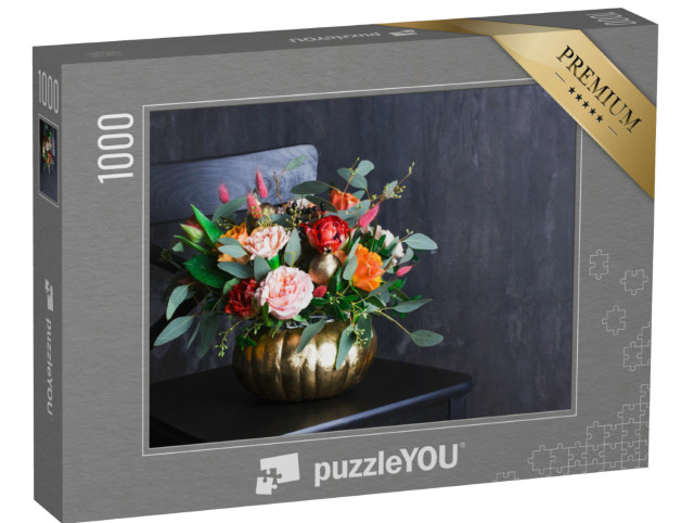 Puzzel 1000 stukjes „Herfstbloemenboeket in een kleurrijke pompoenvaas“