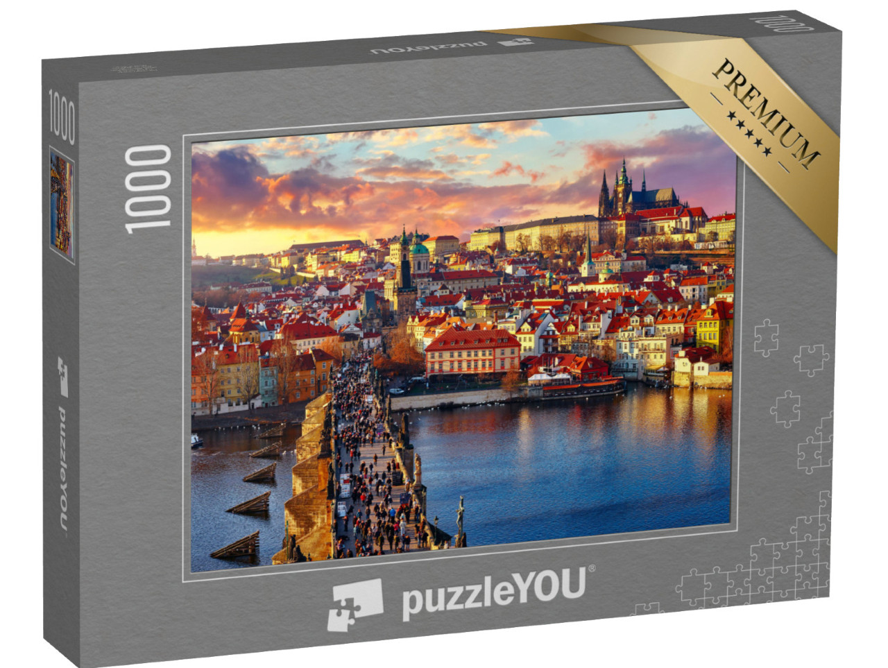 Puzzel 1000 stukjes „Panoramisch uitzicht op de Karelsbrug, de Praagse Burcht en de rivier van bovenaf“