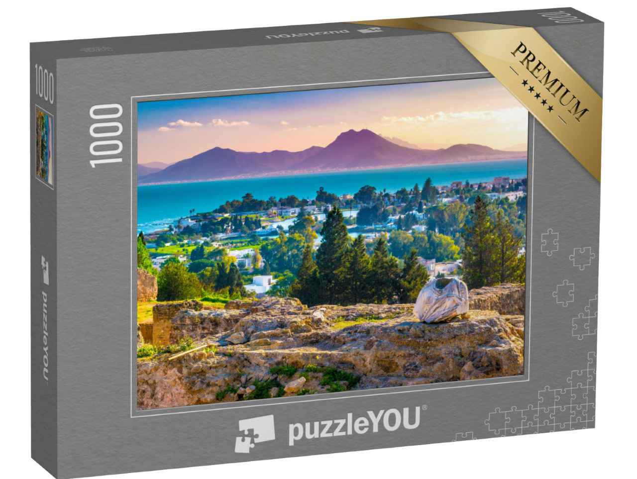 Puzzel 1000 stukjes „Uitzicht vanaf Byrsa heuvel met oude overblijfselen van Carthago, Tunis, Tunesië“
