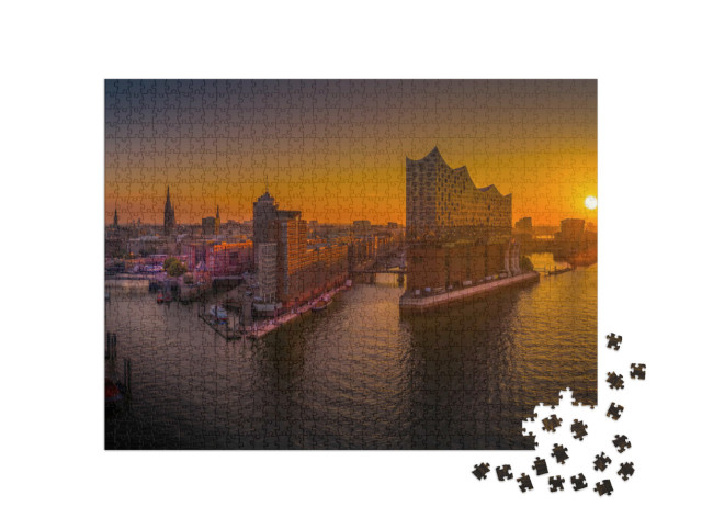 Puzzel 1000 stukjes „Zonsopgang in Hamburg boven de haven“