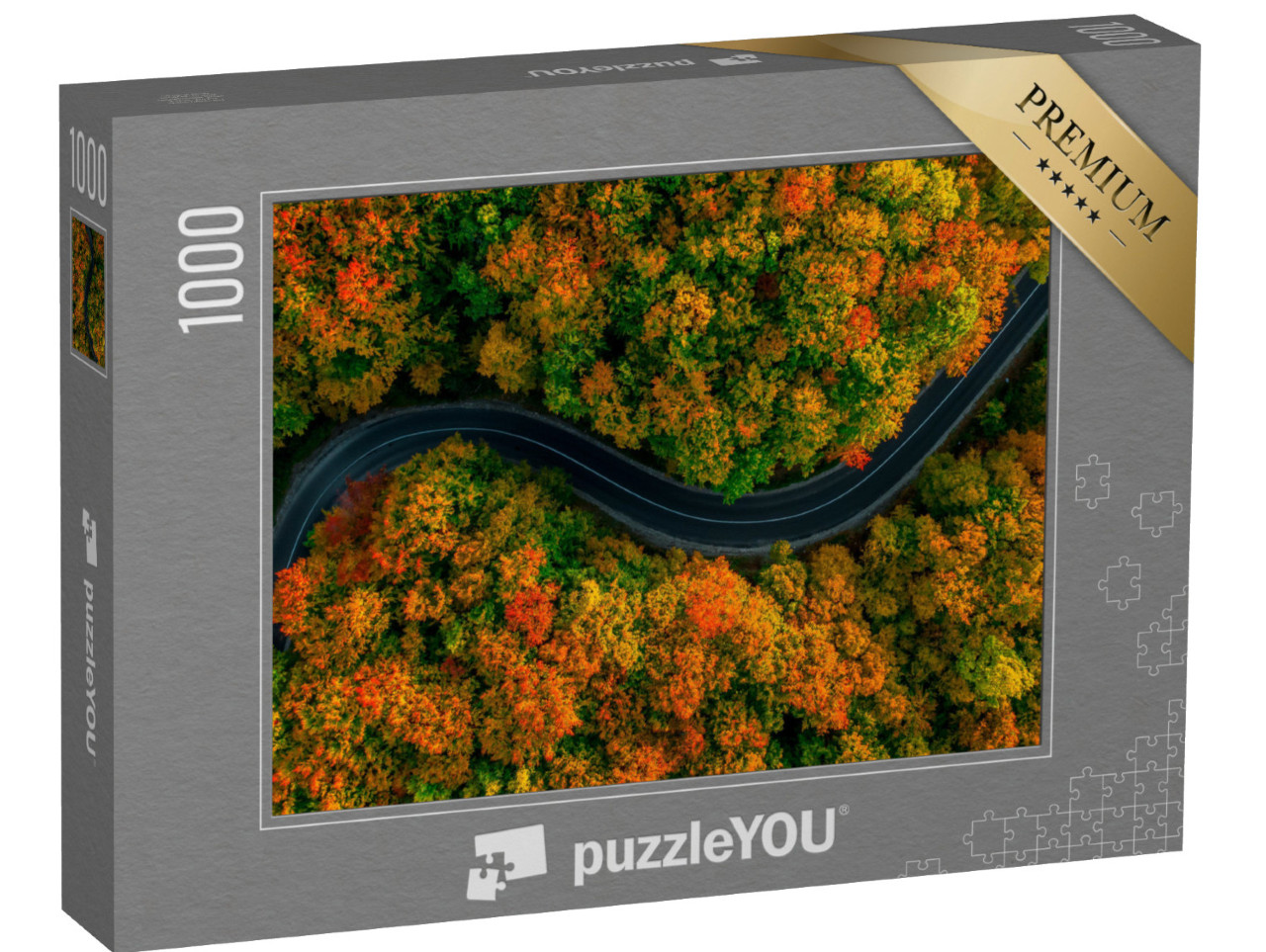 Puzzel 1000 stukjes „Vogelvlucht: kronkelweg in het dichte herfstbos“