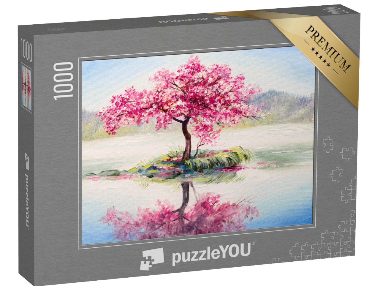 Puzzel 1000 stukjes „Olieverfschilderij: Sakura op het meer - Japanse kersenbloesem“