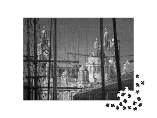 Puzzel 1000 stukjes „Tuigage en masten van schepen in de oude haven van Liverpool“