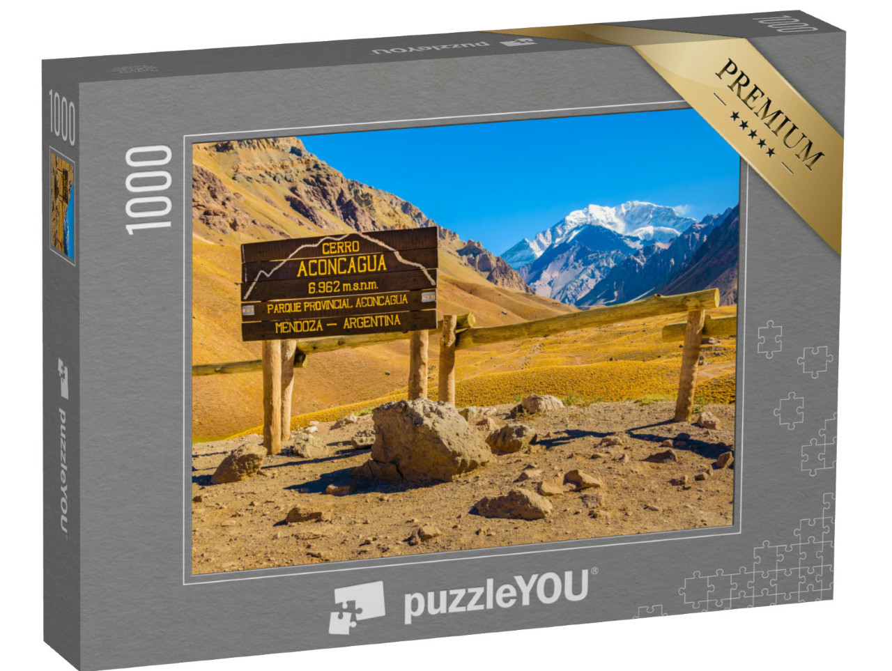 Puzzel 1000 stukjes „Cerro Aconcagua, schild in de bergen van Argentinië“