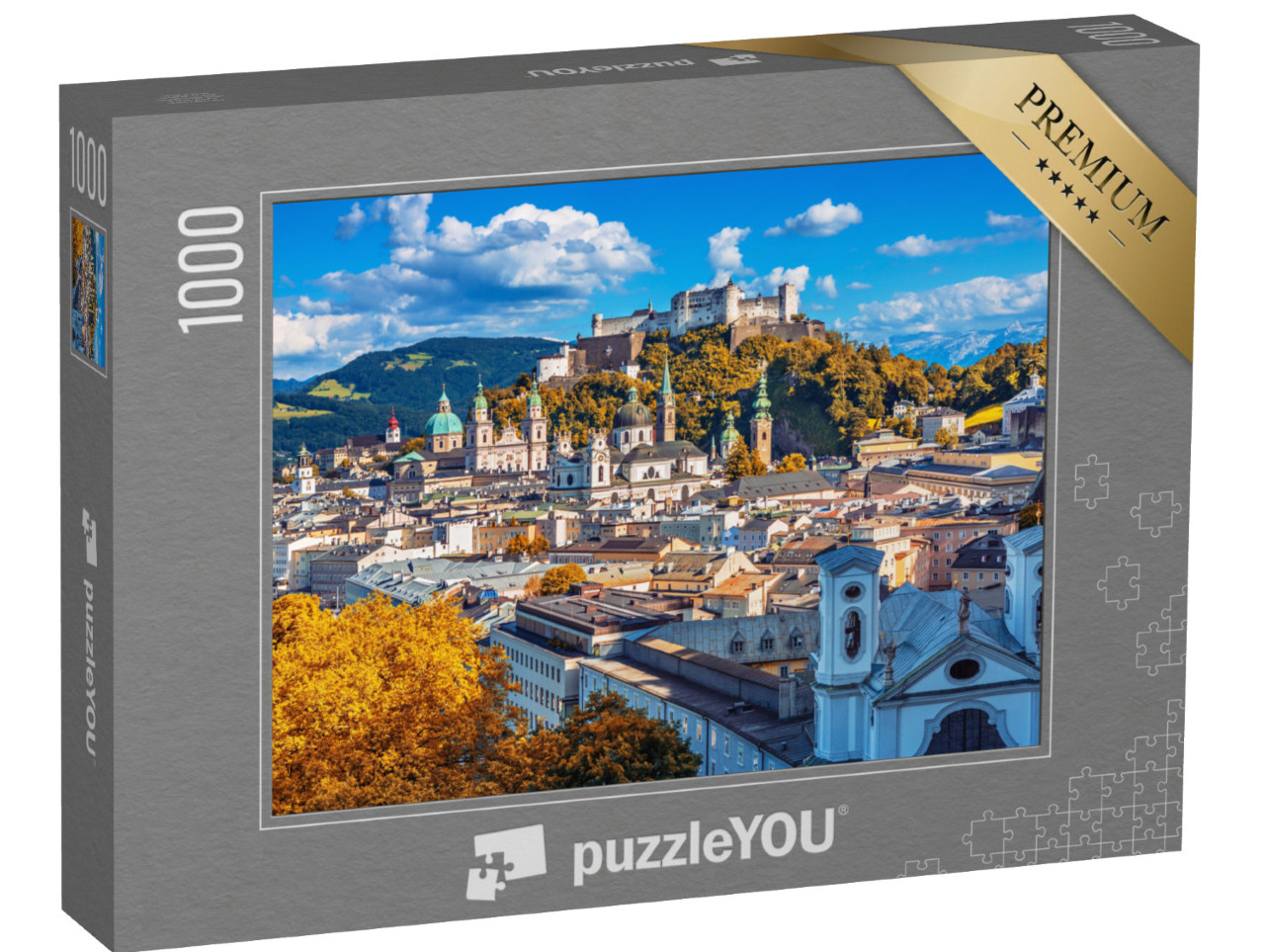 Puzzel 1000 stukjes „De skyline van Salzburg met het fort Hohensalzburg in de herfst, Oostenrijk“