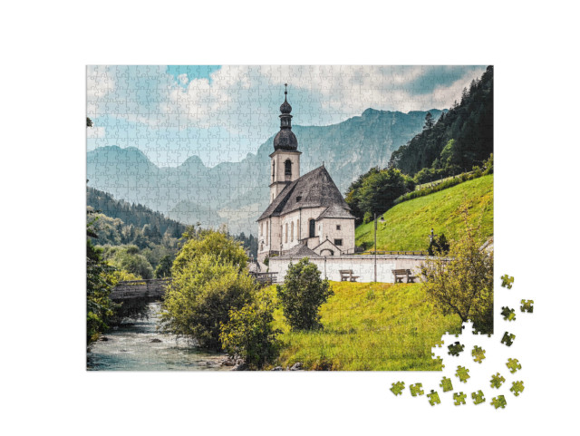 Puzzel 1000 stukjes „Landschap in de Alpen met de kerk van Sint-Sebastiaan“