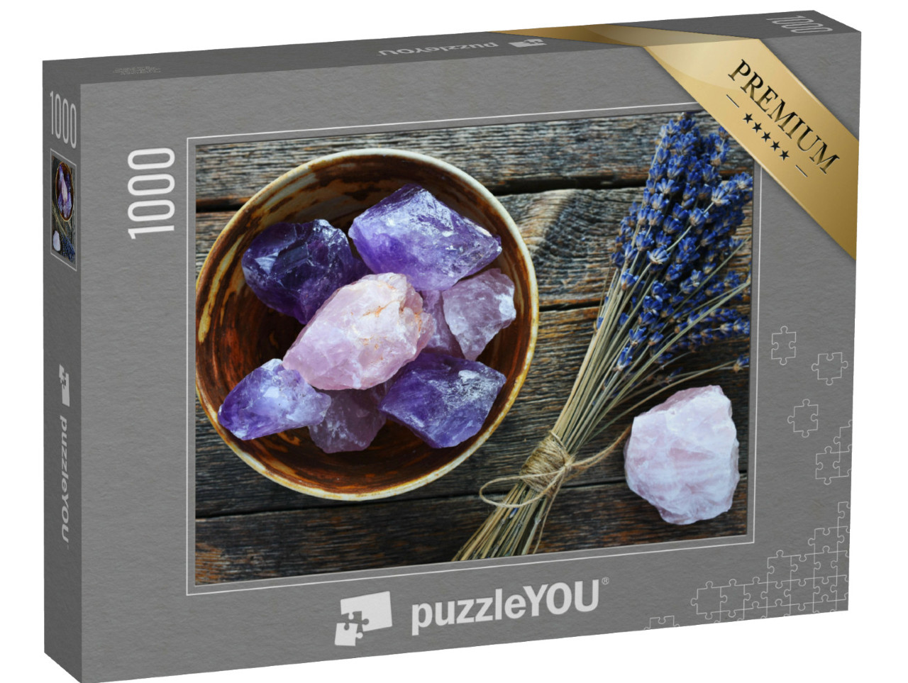 Puzzel 1000 stukjes „Tafelafbeelding van een keramische kom met grote rozenkwarts en amethist kristal“