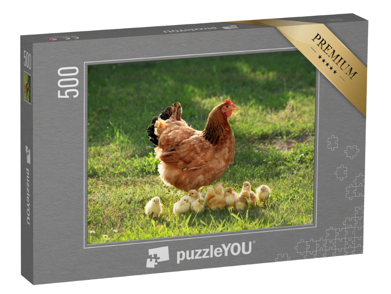 Puzzel 500 stukjes „Moeder kip met kuikens op een groene weide“