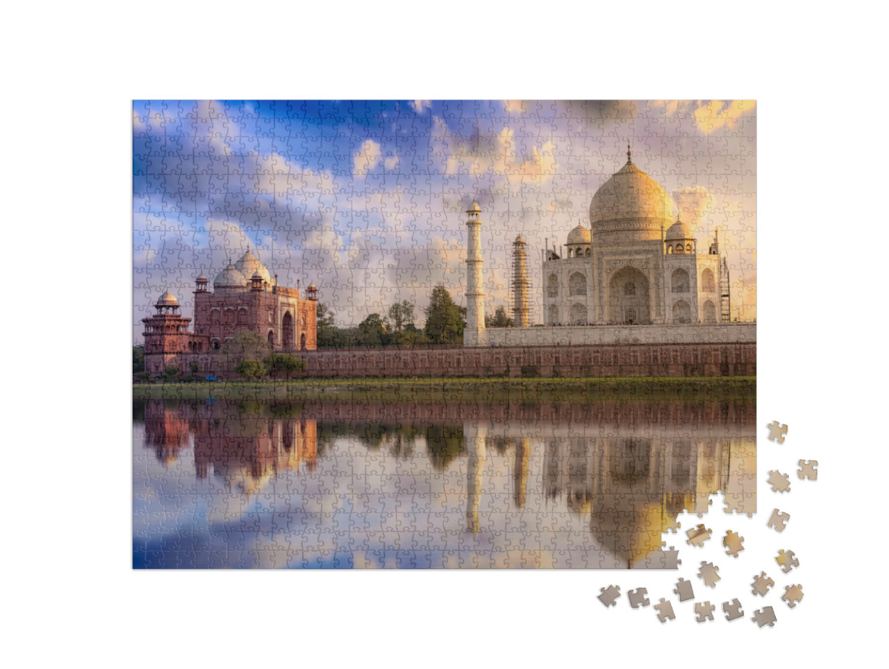 Puzzel 1000 stukjes „Taj Mahal: schilderachtige zonsondergang met prachtige lucht, Agra, India“