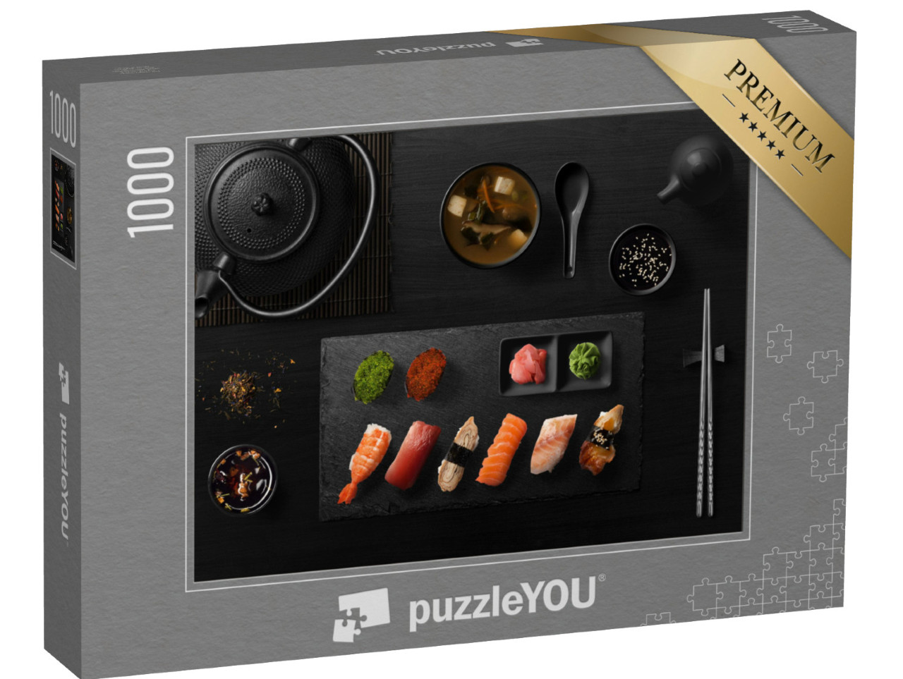 Puzzel 1000 stukjes „Sushirollen, sashimi set, misosoep en theepot“