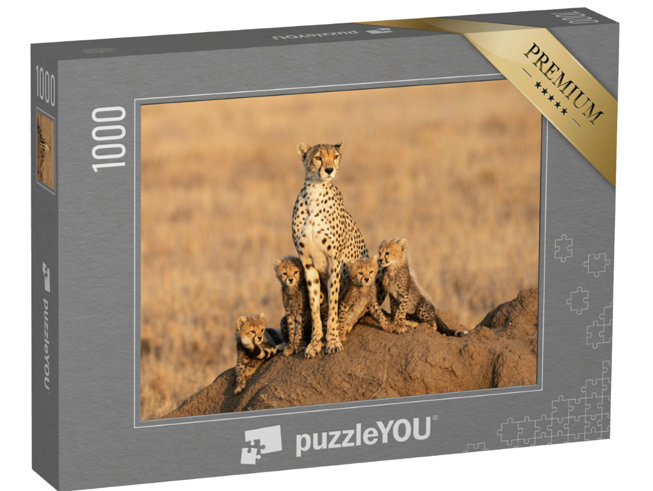 Puzzel 1000 stukjes „Vrouwelijk jachtluipaard met vier welpen“