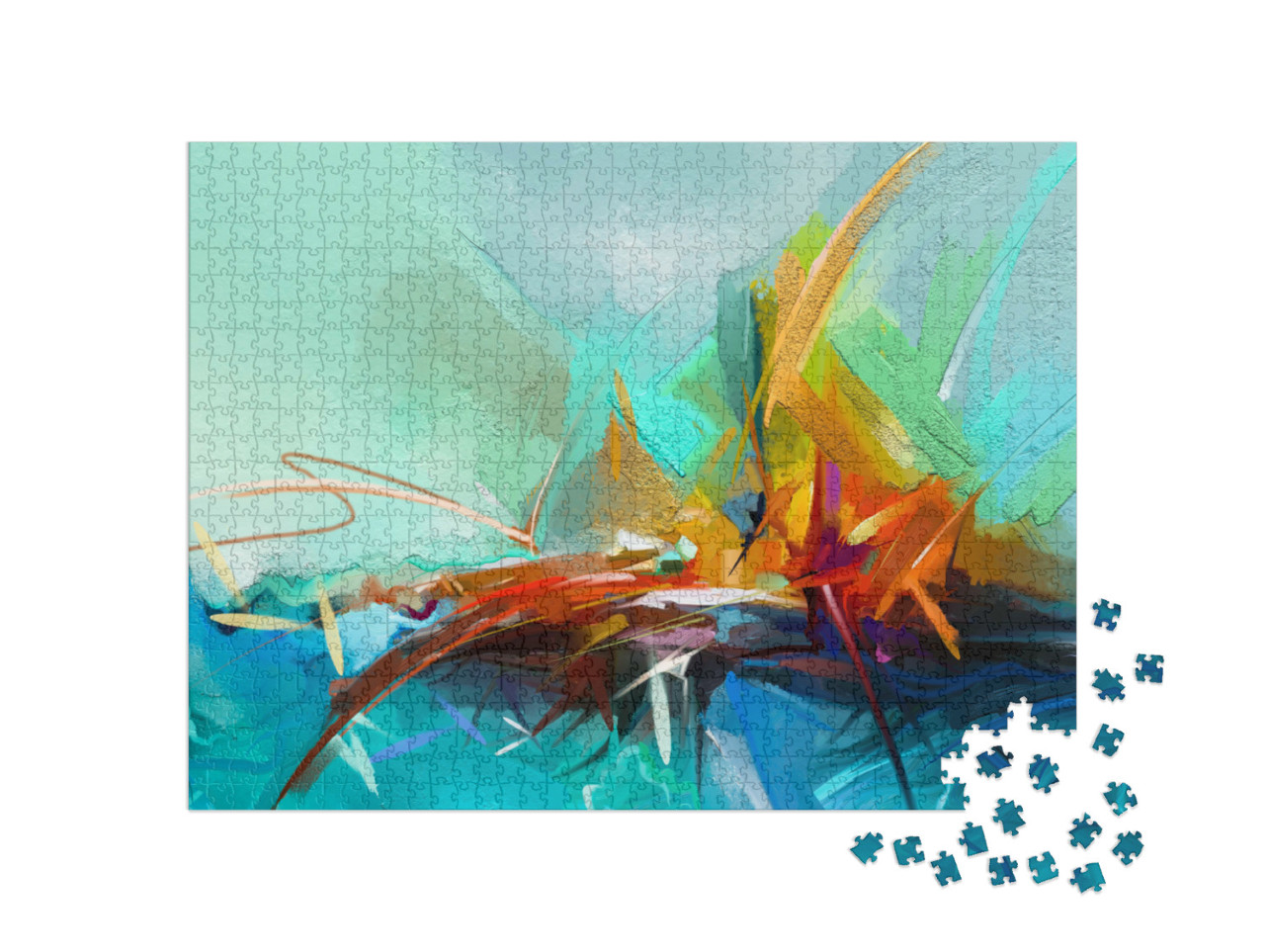 Puzzel 1000 stukjes „Semi-abstracte afbeelding van een landschap, olieverfschilderij in geel, rood en blauw“