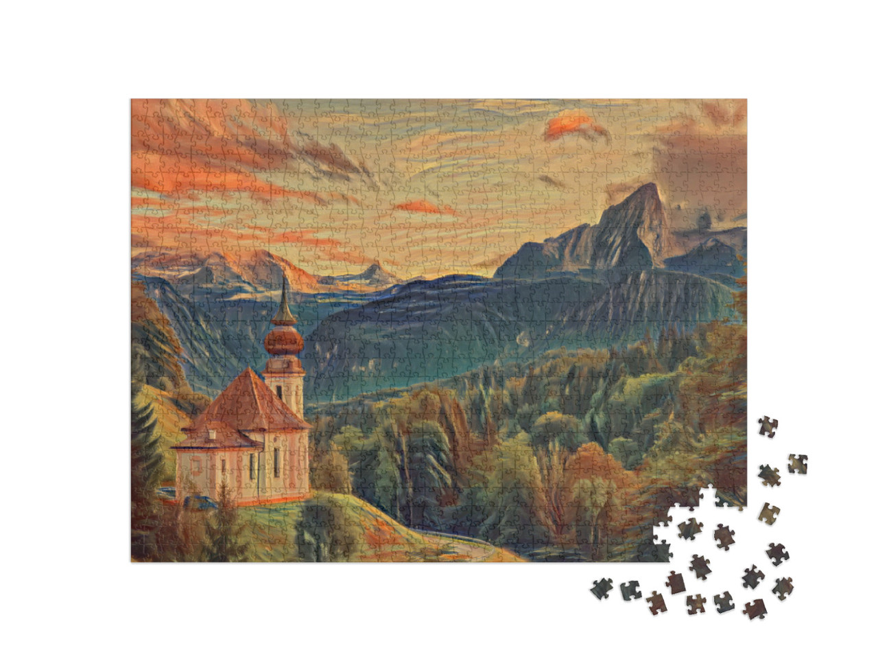 Puzzel 1000 stukjes „in de stijl van Edvard Munch, De schreeuw - Watzmann met Maria Gern Kerk“