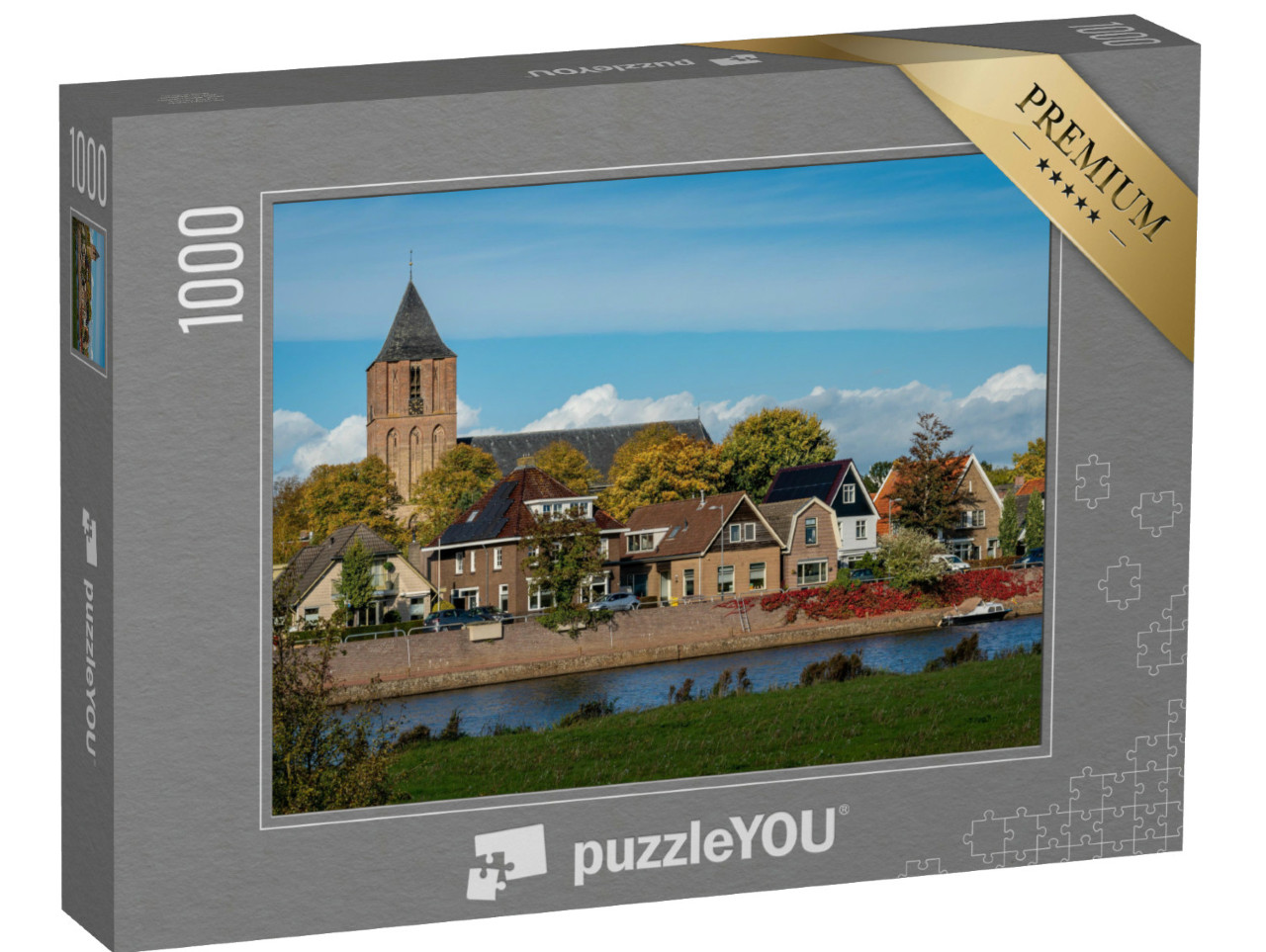 Puzzel 1000 stukjes „Het dorp Dalfsen met de kerk aan de oever van de Vecht“