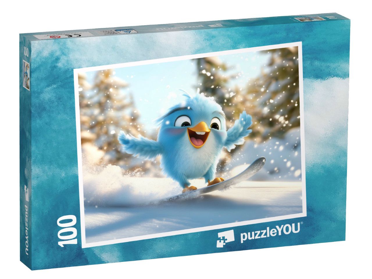 Puzzel 100 stukjes „Friedolin de vogel heeft winterpret in de bergen“