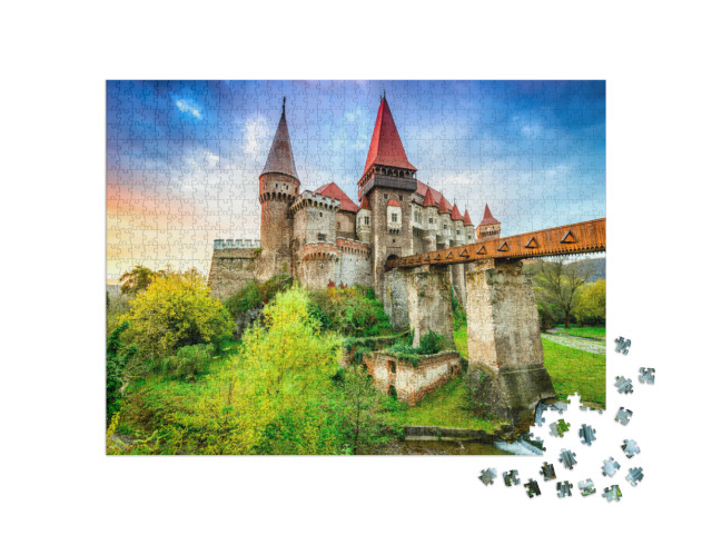 Puzzel 1000 stukjes „Prachtig panorama van kasteel Hunyad, Transsylvanië, Roemenië“