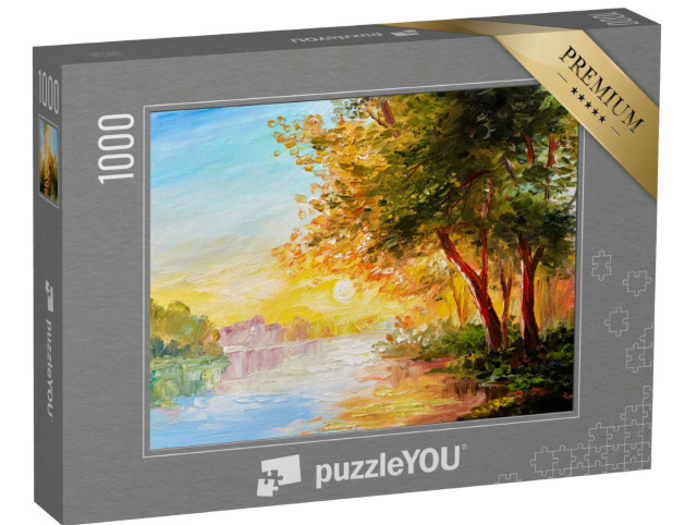 Puzzel 1000 stukjes „Olieverfschilderij: Oude bomen bij de rivier“