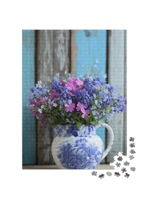 Puzzel 1000 stukjes „Blauw en roze boeket als vintage boeket“