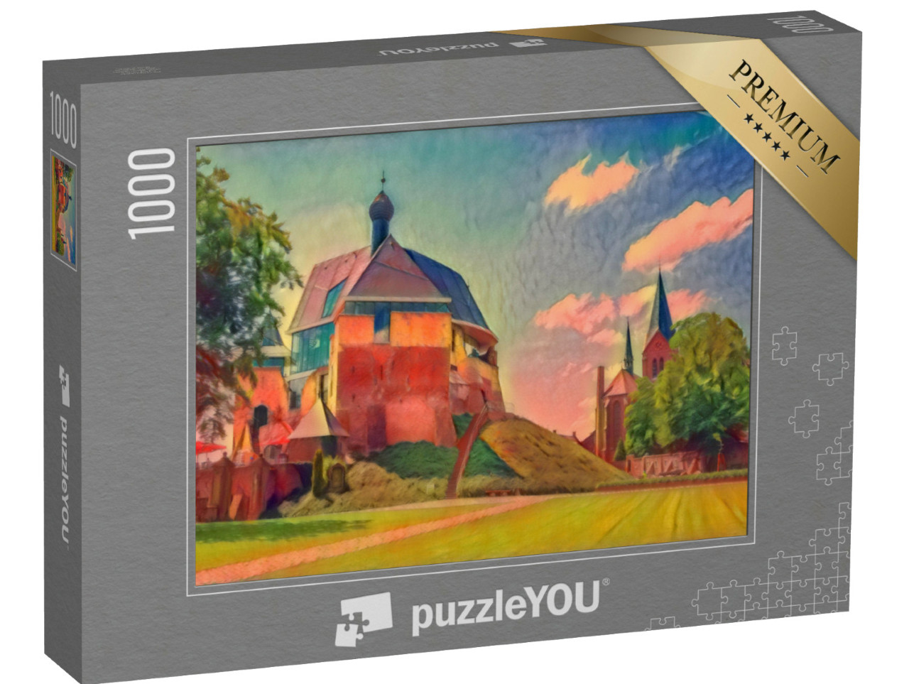 Puzzel 1000 stukjes „in de kunststijl van Franz Marc - kasteel en kerk in Keverburg aan de Maas, Nederland“