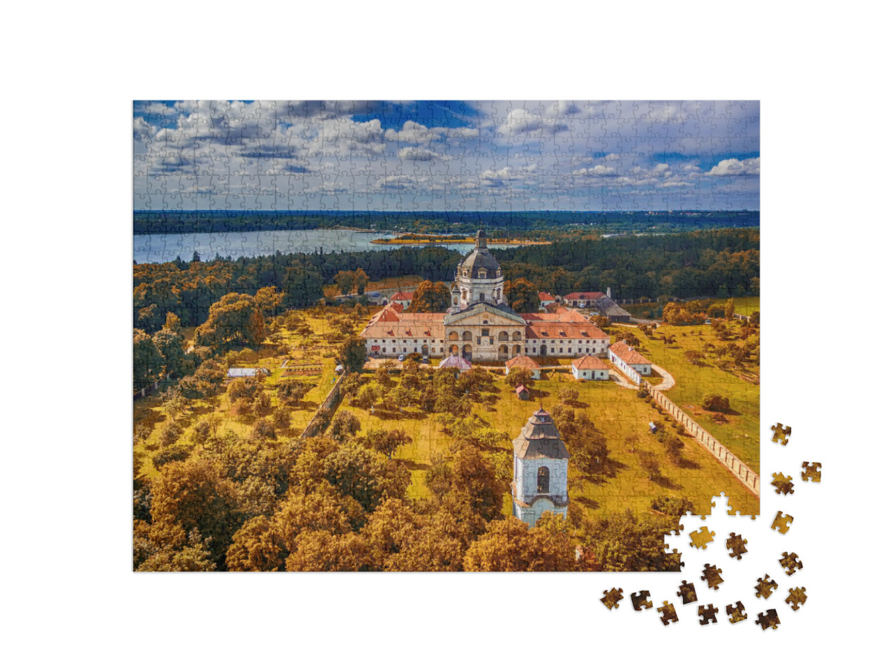 Puzzel 1000 stukjes „Pazaislis Klooster en Kerk op een eiland in het Kaunas Reservoir, Litouwen“