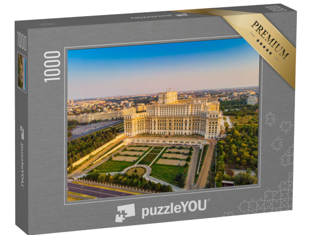 Puzzel 1000 stukjes „Parlementsgebouw in Boekarest bij zonsondergang“