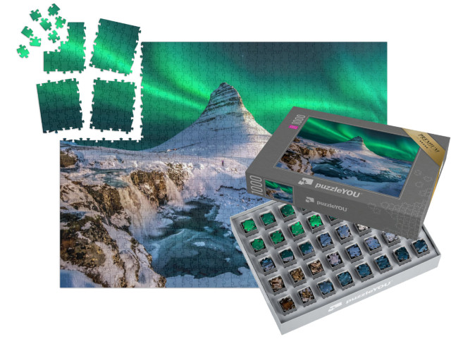 SMART SORTED® | Puzzel 1000 stukjes „Noorderlicht verschijnt boven de berg Kirkjufell in IJsland“