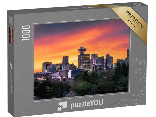 Puzzel 1000 stukjes „Kleurrijke zonsondergang achter de skyline van Vancouver“