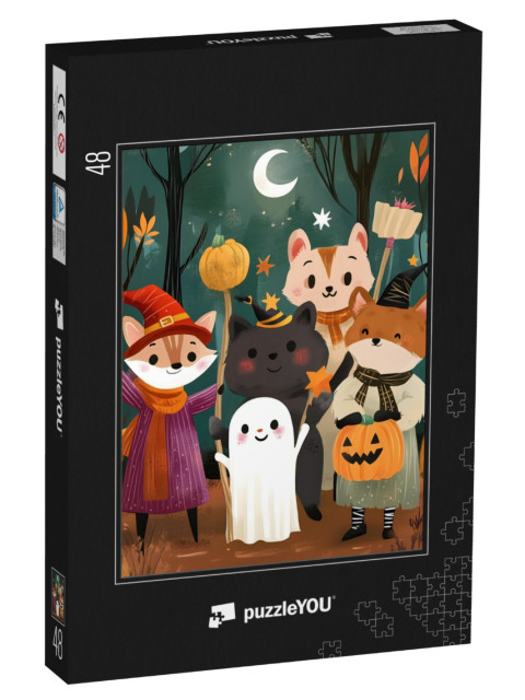Puzzel 48 stukjes „Dierenliefhebbers vieren Halloween“