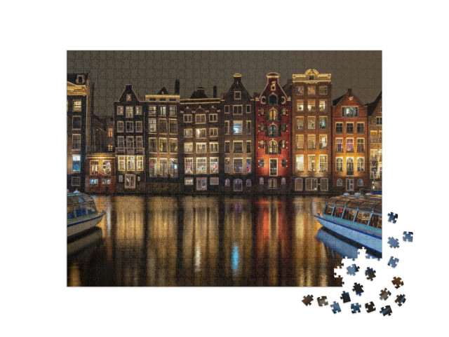 Puzzel 1000 stukjes „Middeleeuwse huizen en cruiseschepen op het Damrak in Amsterdam“