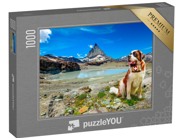 Puzzel 1000 stukjes „Sint Bernard reddingshond met schnapsvat voor de Alpen, Zermatt“