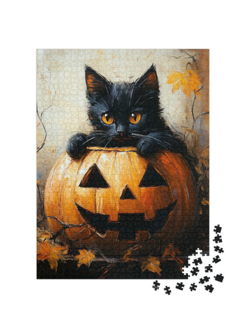 Puzzel 1000 stukjes „Zwarte kat in een pompoen Halloween“