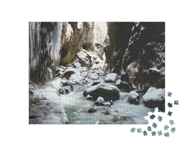 Puzzel 1000 stukjes „IJssneeuw en waterval in de Partnach Klamm“