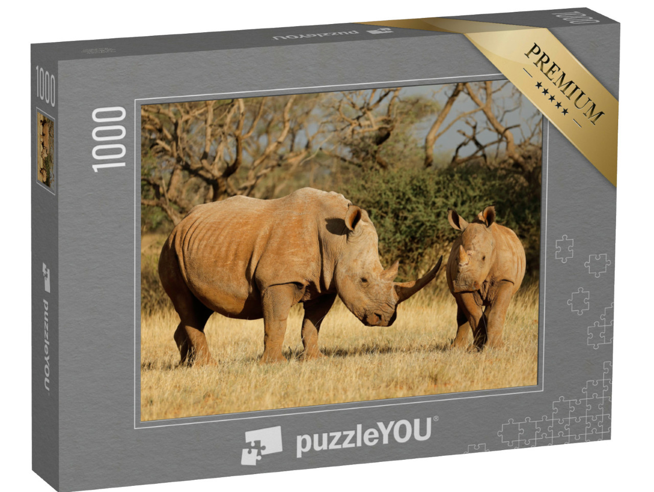 Puzzel 1000 stukjes „Witte neushoorn met kalf in Zuid-Afrika“