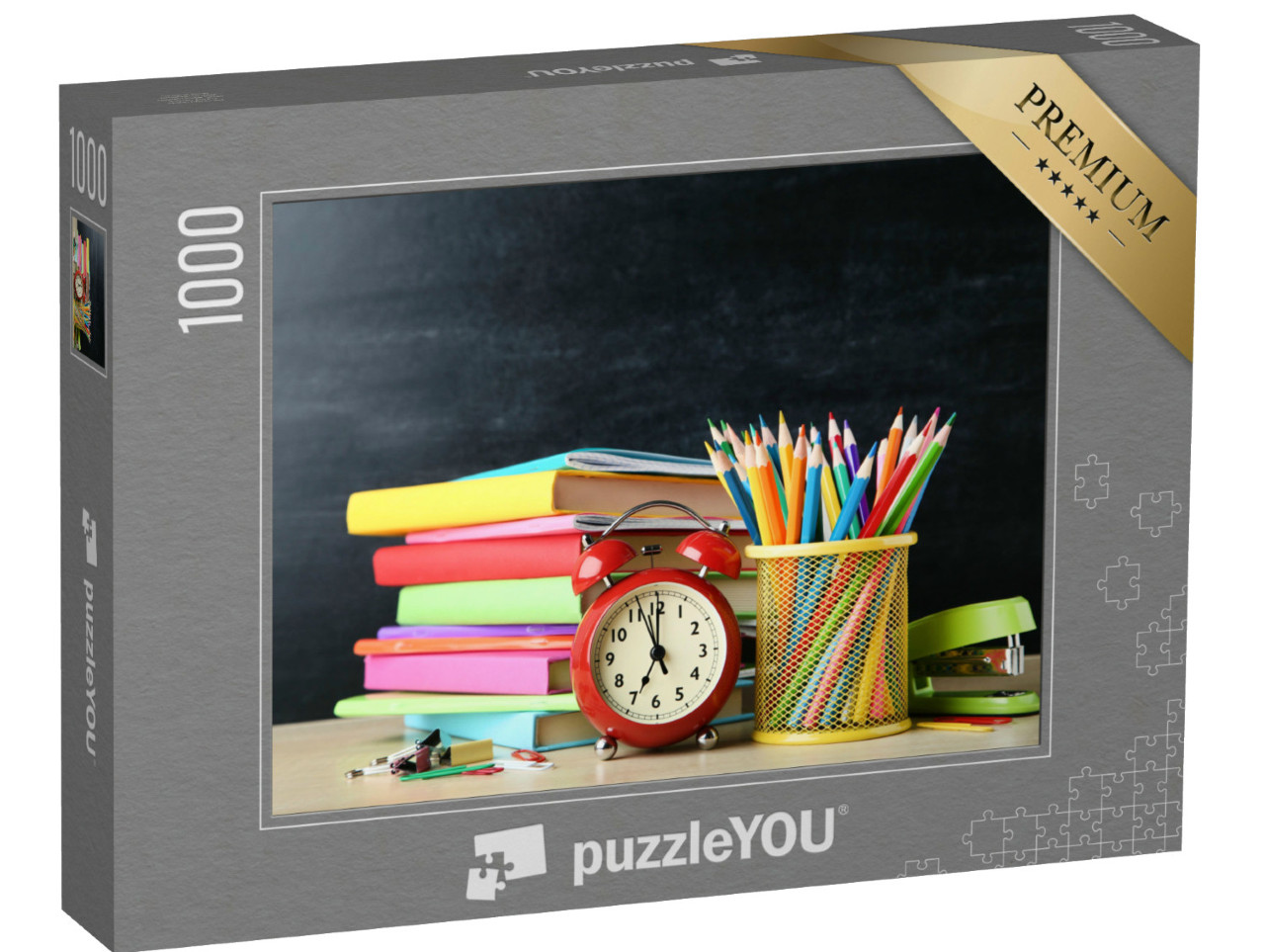 Puzzel 1000 stukjes „Schoolboeken met potloden en wekkers“