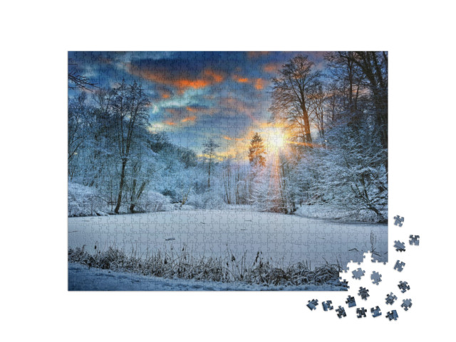 Puzzel 1000 stukjes „Zonsondergang over het winterbosmeer“