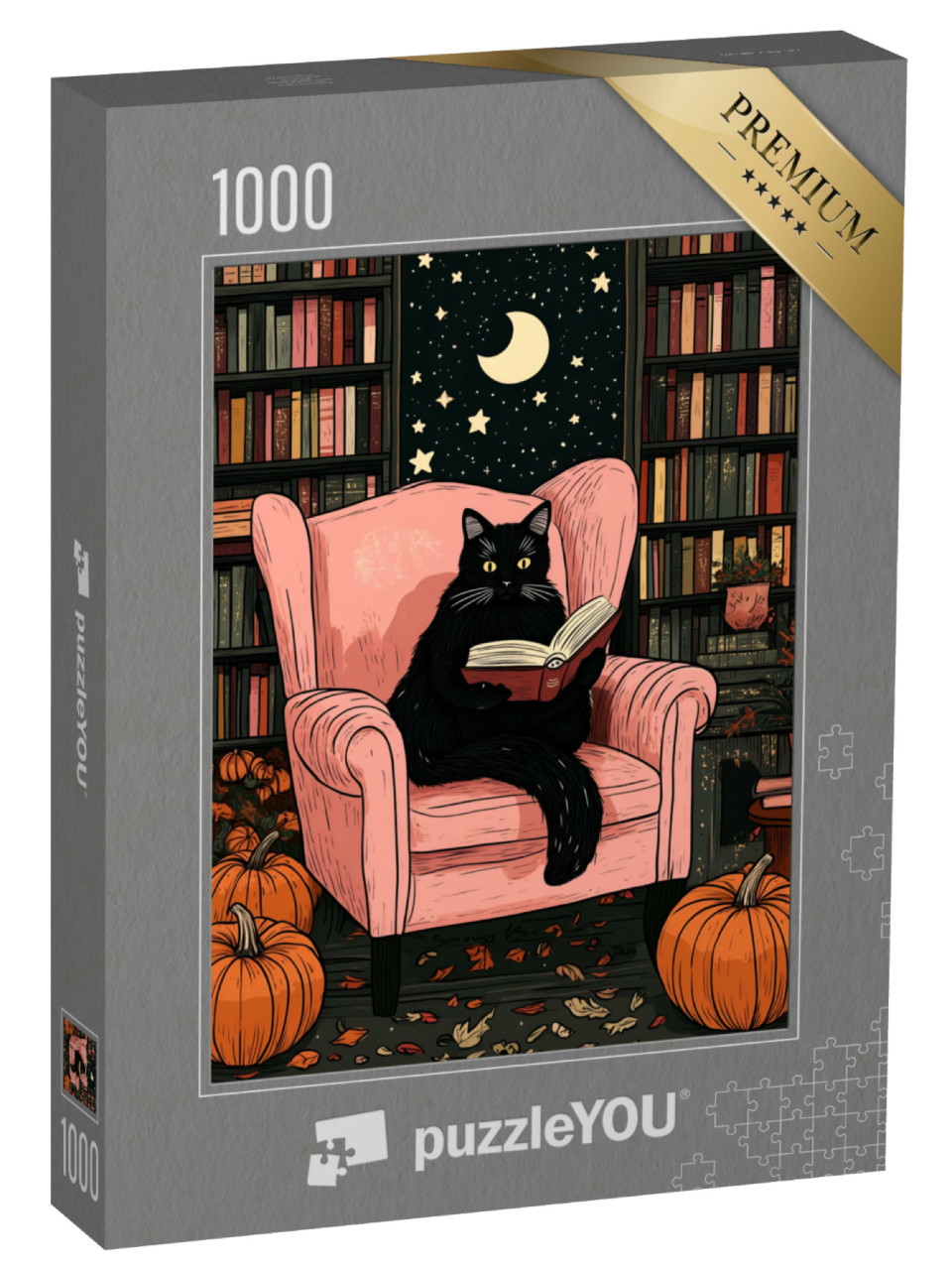 Puzzel 1000 stukjes „Zwarte kat leest in een leunstoel op Halloween“