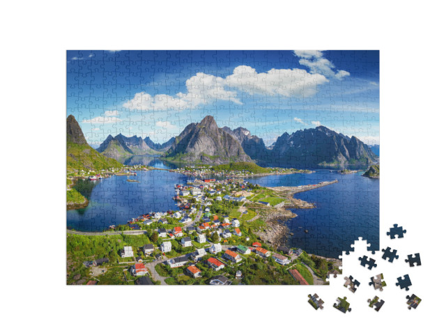 Puzzel 500 stukjes „Reine dorp onder een zonnige blauwe hemel, Lofoten, Noorwegen“