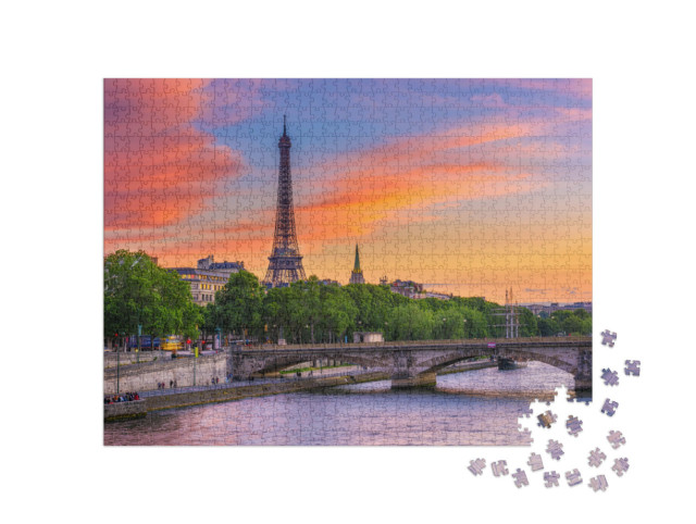 Puzzel 1000 stukjes „Zonsondergang over de Eiffeltoren en Seine, Parijs“