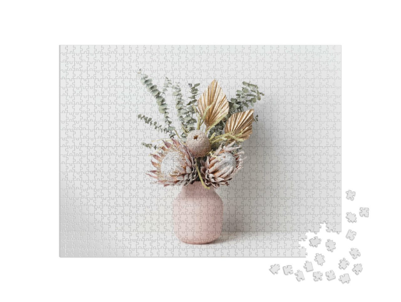 Puzzel 1000 stukjes „Gedroogd bloemstuk in een roze vaas“