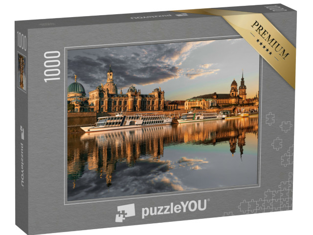 Puzzel 1000 stukjes „De skyline van de stad Dresden op de Elbe en de Augustusbrug bij zonsondergang“