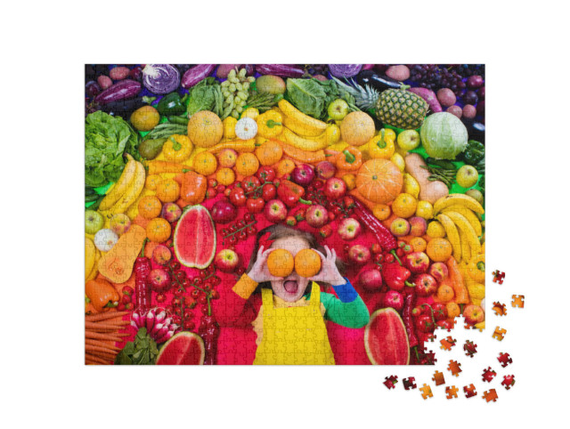 Puzzel 1000 stukjes „Meisjes met een verscheidenheid aan fruit en groenten“