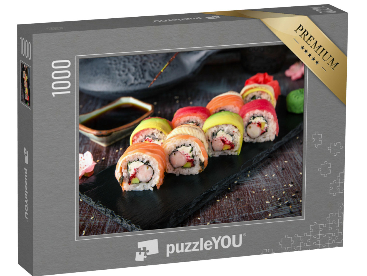 Puzzel 1000 stukjes „Regenboog sushirol met zalm en avocado“