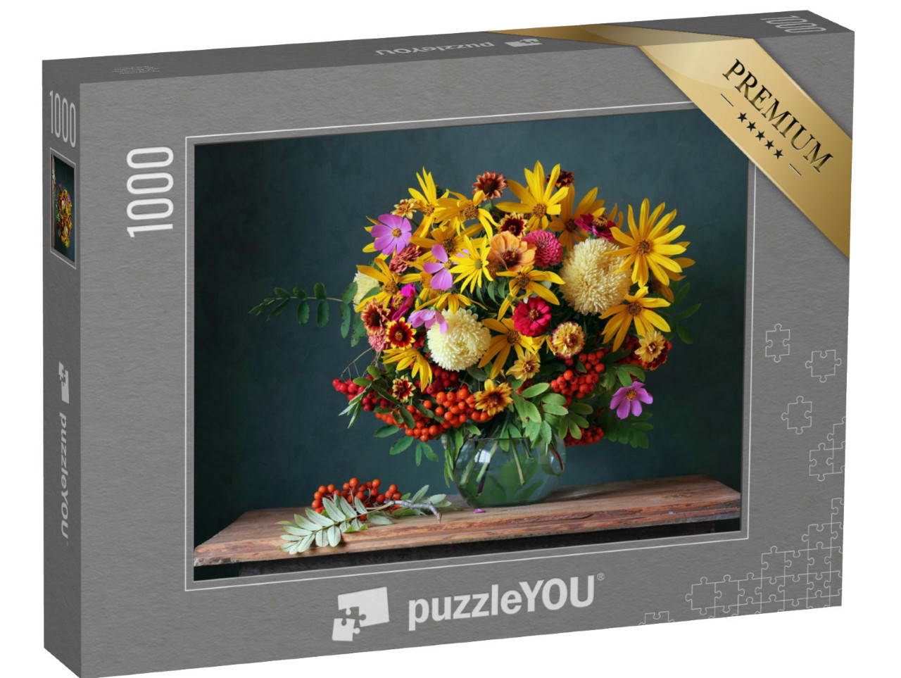 Puzzel 1000 stukjes „Herfstboeket met prachtige tuinbloemen en lijsterbessentakken“