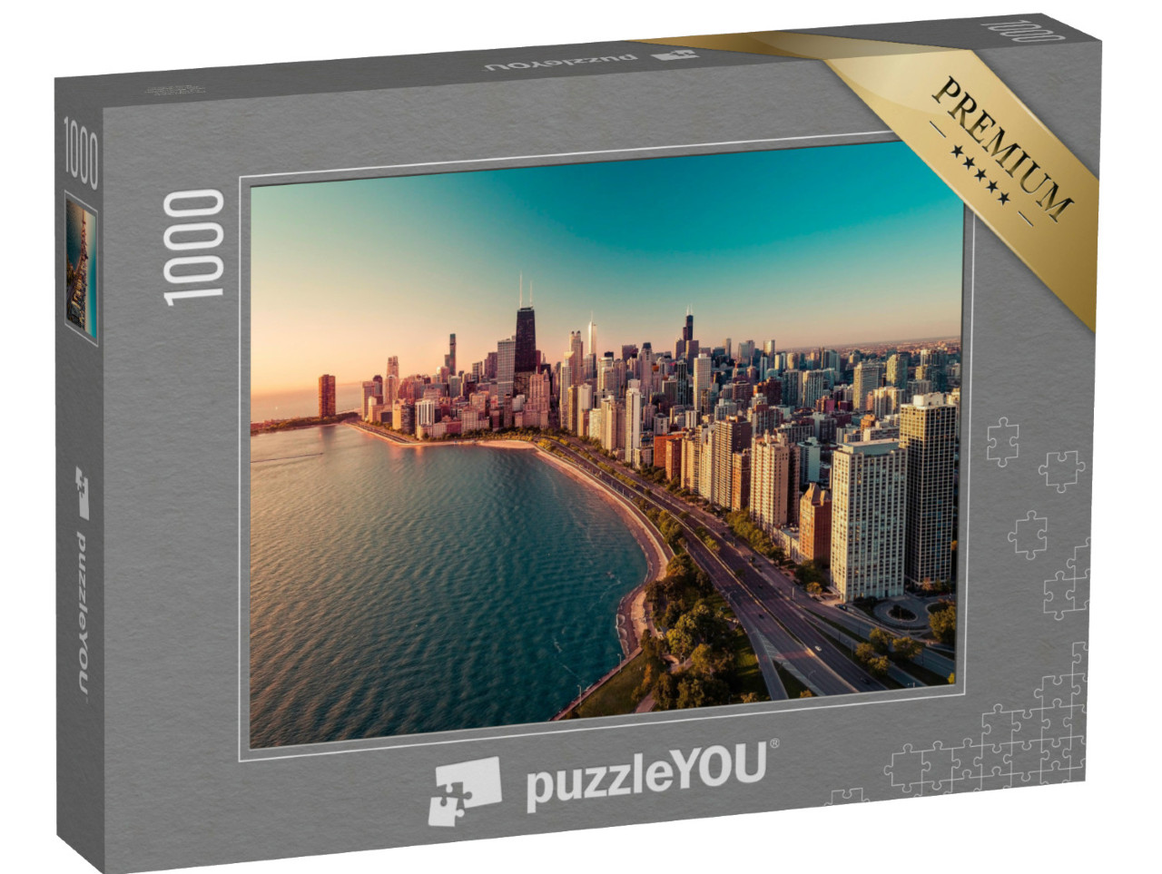 Puzzel 1000 stukjes „Skyline van Chicago met zonsopgang en Lake Michigan“