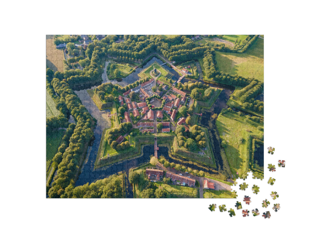 Puzzel 1000 stukjes „Luchtfoto van Bourtange Fort bij zonsondergang in de vorm van een ster“