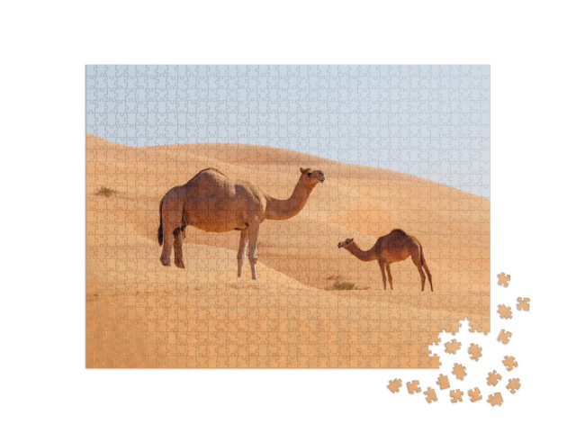Puzzel 1000 stukjes „Kamelenmoeder met jong in een woestijn in het Midden-Oosten“