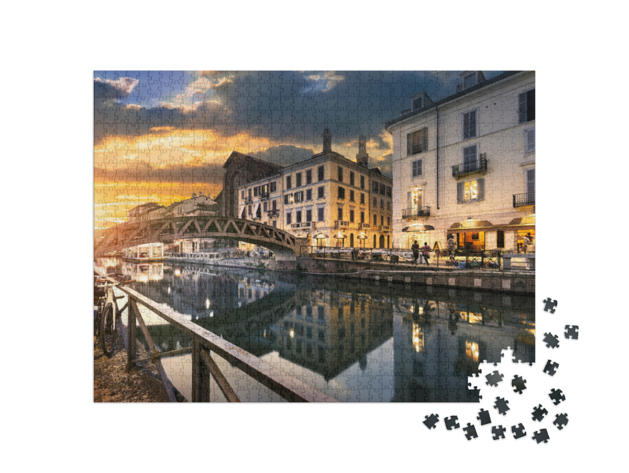 Puzzel 1000 stukjes „Brug over het Naviglio Grande-kanaal in de avond, Milaan, Italië“