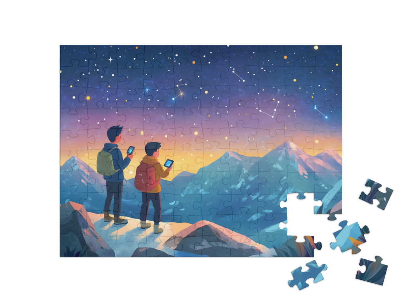Puzzel 100 stukjes „Op ontdekkingstocht in de bergen onder een sterrenhemel“