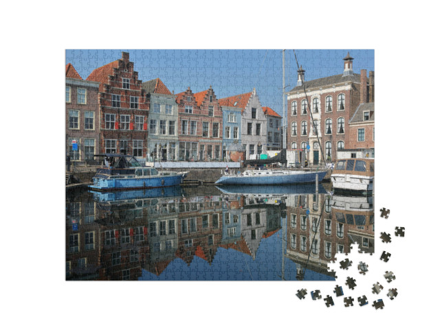 Puzzel 1000 stukjes „Middeleeuwse huizen en zeilboten in de haven van Goes, Zeeland“